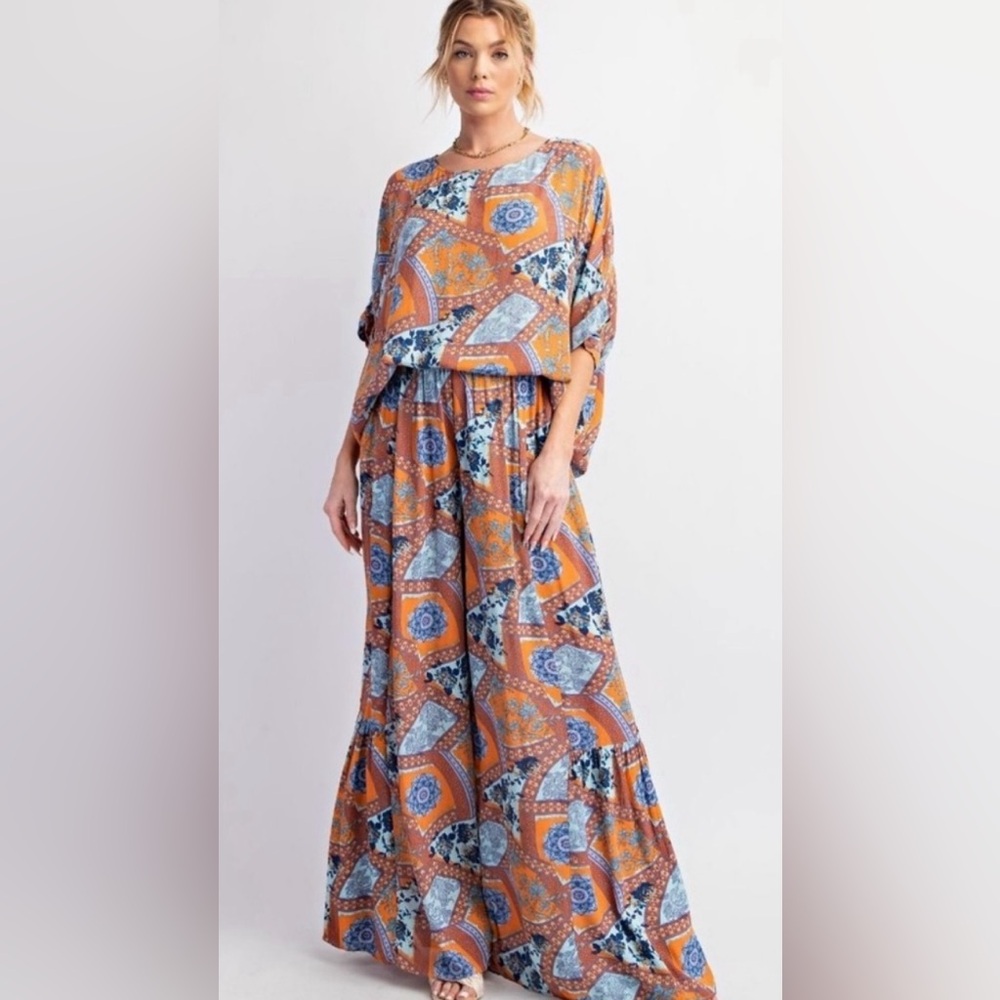 252 - Easel Geometric Patterned Mineral Washed Matching Set in Orange and Blue